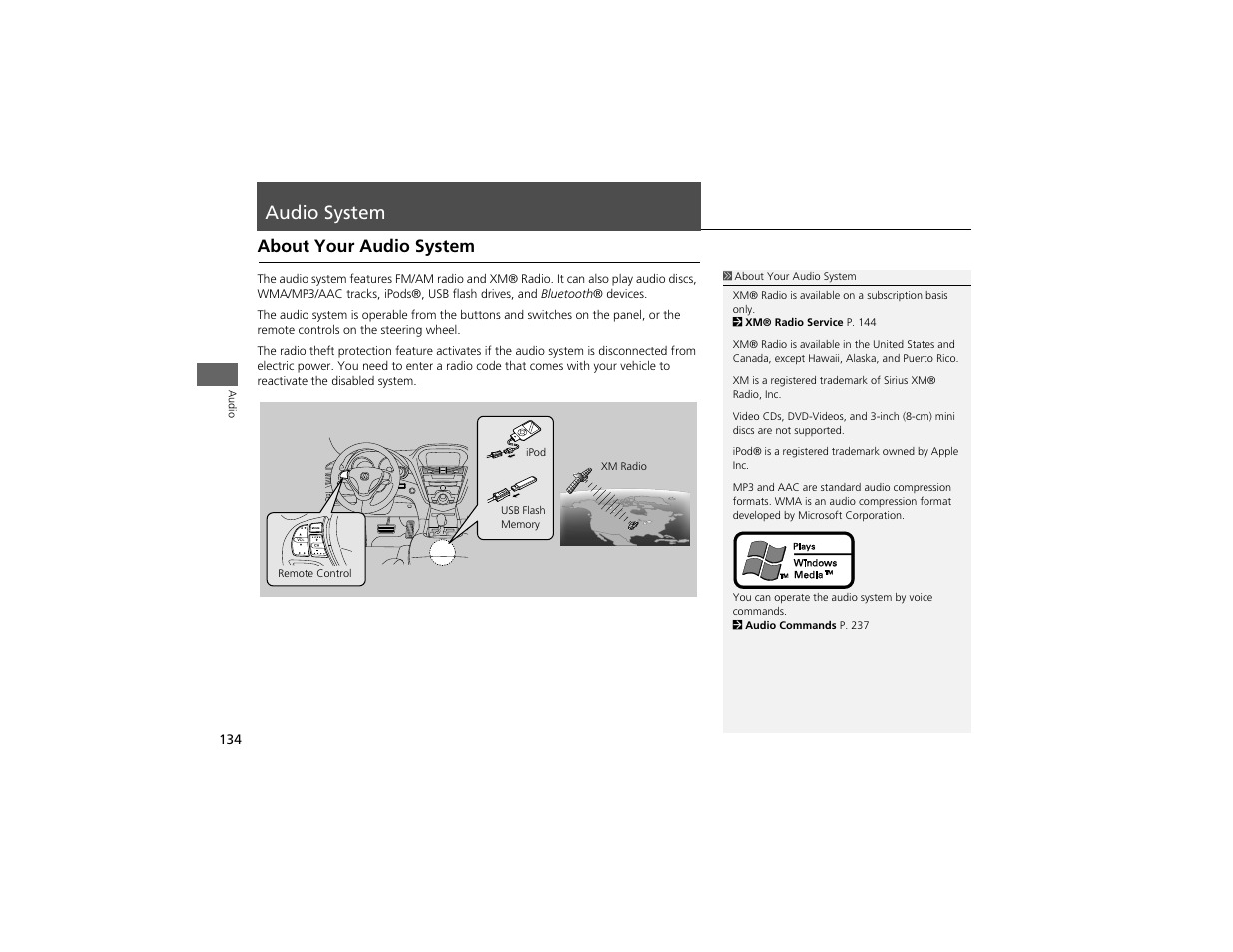 Audio system, About your audio system | Acura 2012 ZDX Navigation User Manual | Page 136 / 251