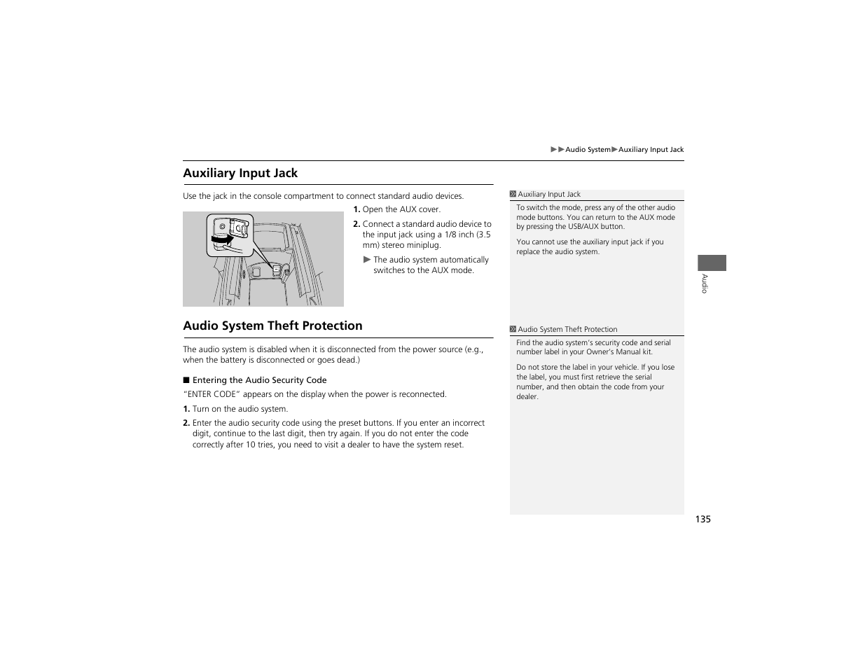 Auxiliary input jack, Audio system theft protection | Acura 2012 ZDX Navigation User Manual | Page 137 / 251