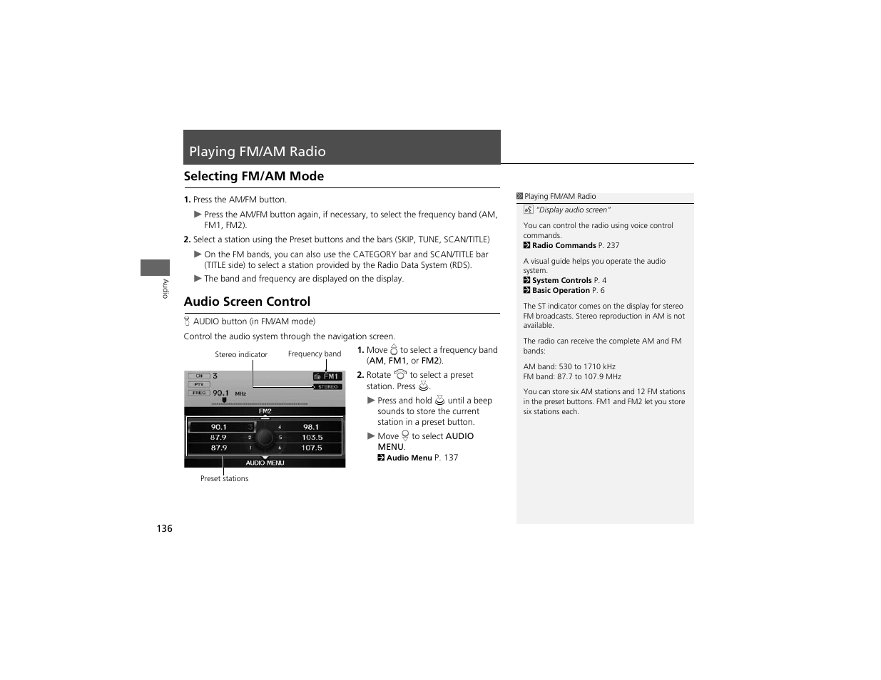 Playing fm/am radio, Selecting fm/am mode, Audio screen control | Acura 2012 ZDX Navigation User Manual | Page 138 / 251