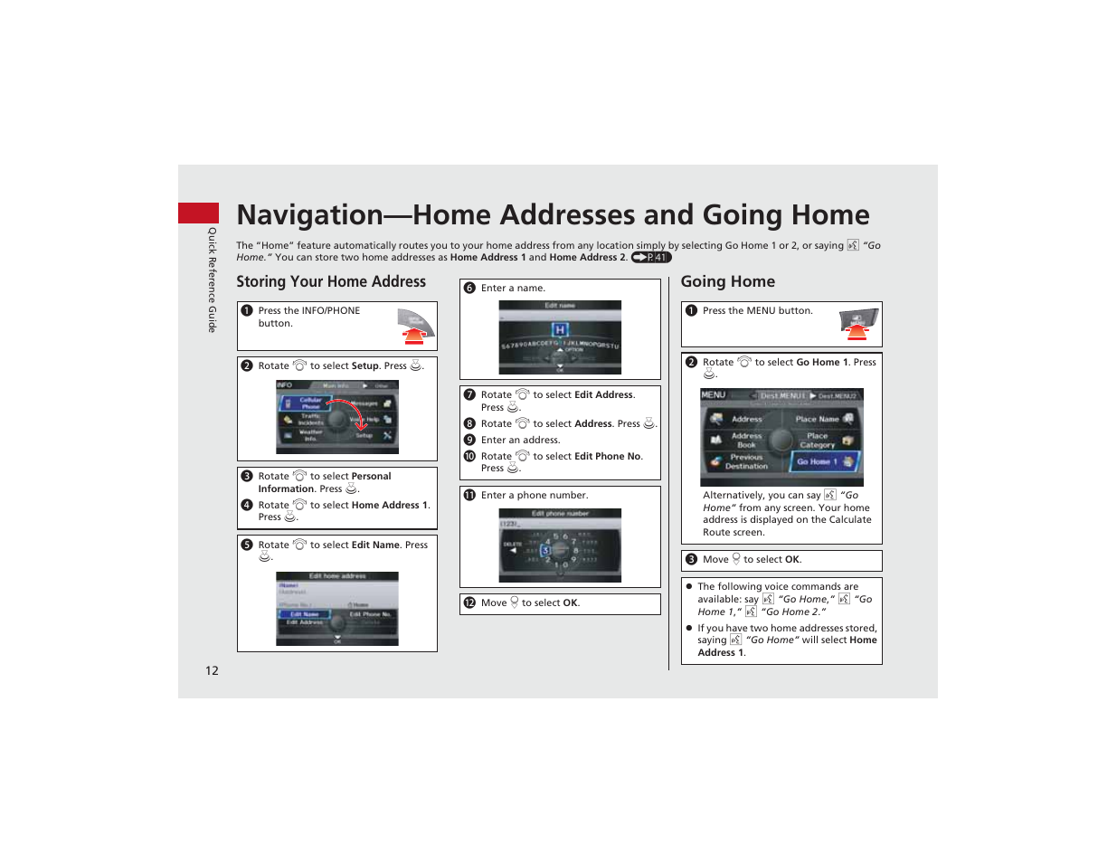 Navigation—home addresses and going home, Storing your home address, Going home | Acura 2012 ZDX Navigation User Manual | Page 14 / 251