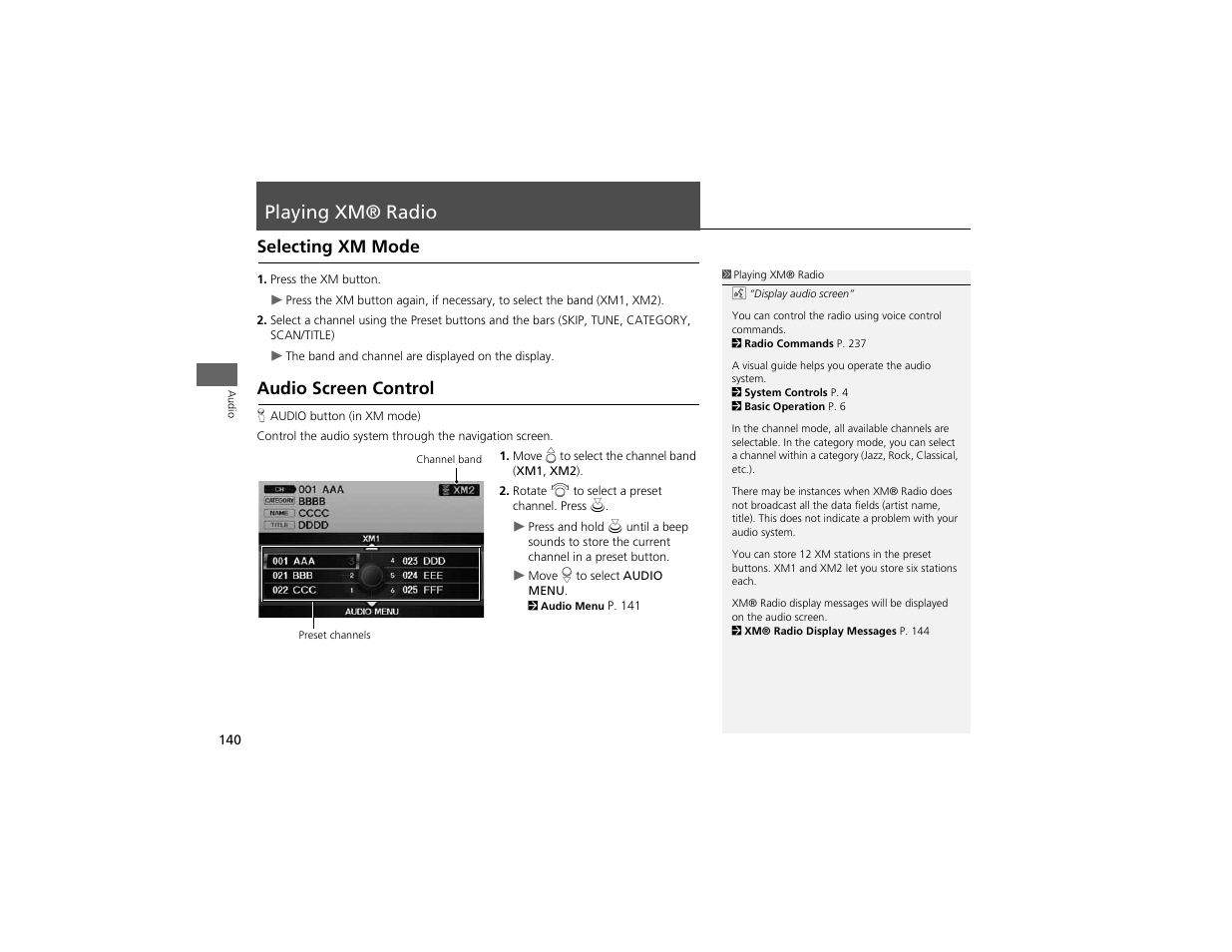 Playing xm® radio, Selecting xm mode, Audio screen control | Acura 2012 ZDX Navigation User Manual | Page 142 / 251