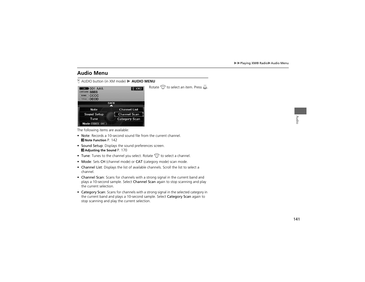 Audio menu | Acura 2012 ZDX Navigation User Manual | Page 143 / 251
