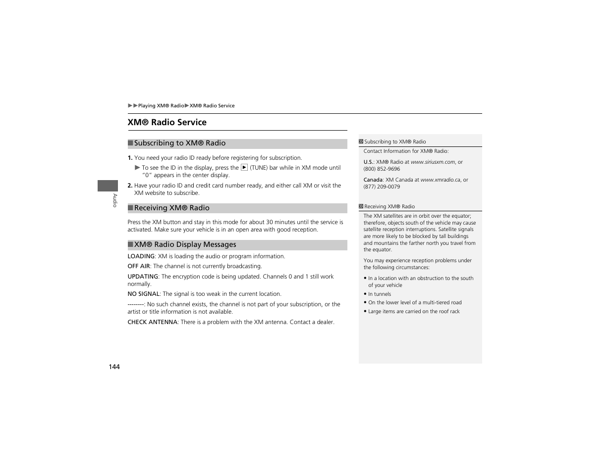 Xm® radio service | Acura 2012 ZDX Navigation User Manual | Page 146 / 251