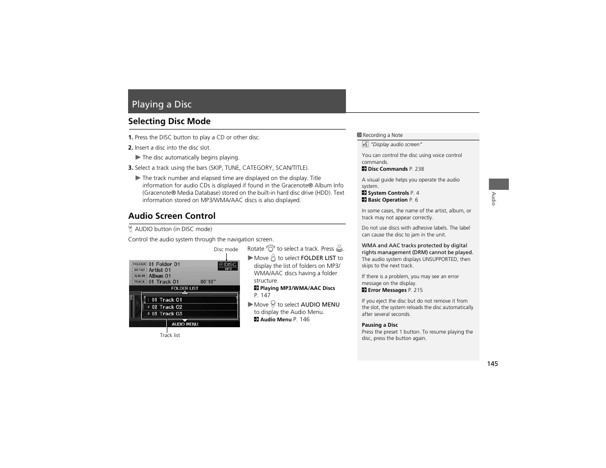 Playing a disc, Selecting disc mode, Audio screen control | Acura 2012 ZDX Navigation User Manual | Page 147 / 251