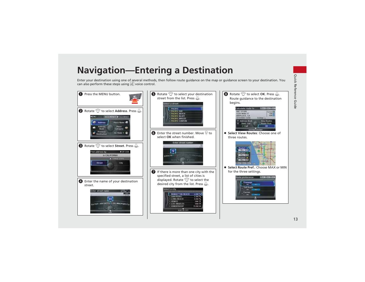 Navigation—entering a destination | Acura 2012 ZDX Navigation User Manual | Page 15 / 251