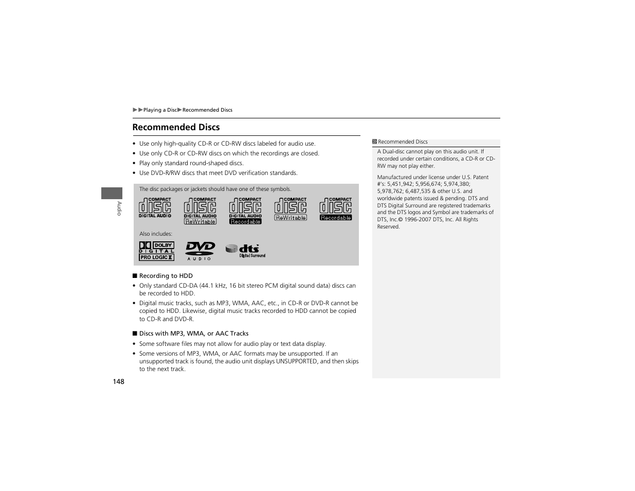 Recommended discs | Acura 2012 ZDX Navigation User Manual | Page 150 / 251
