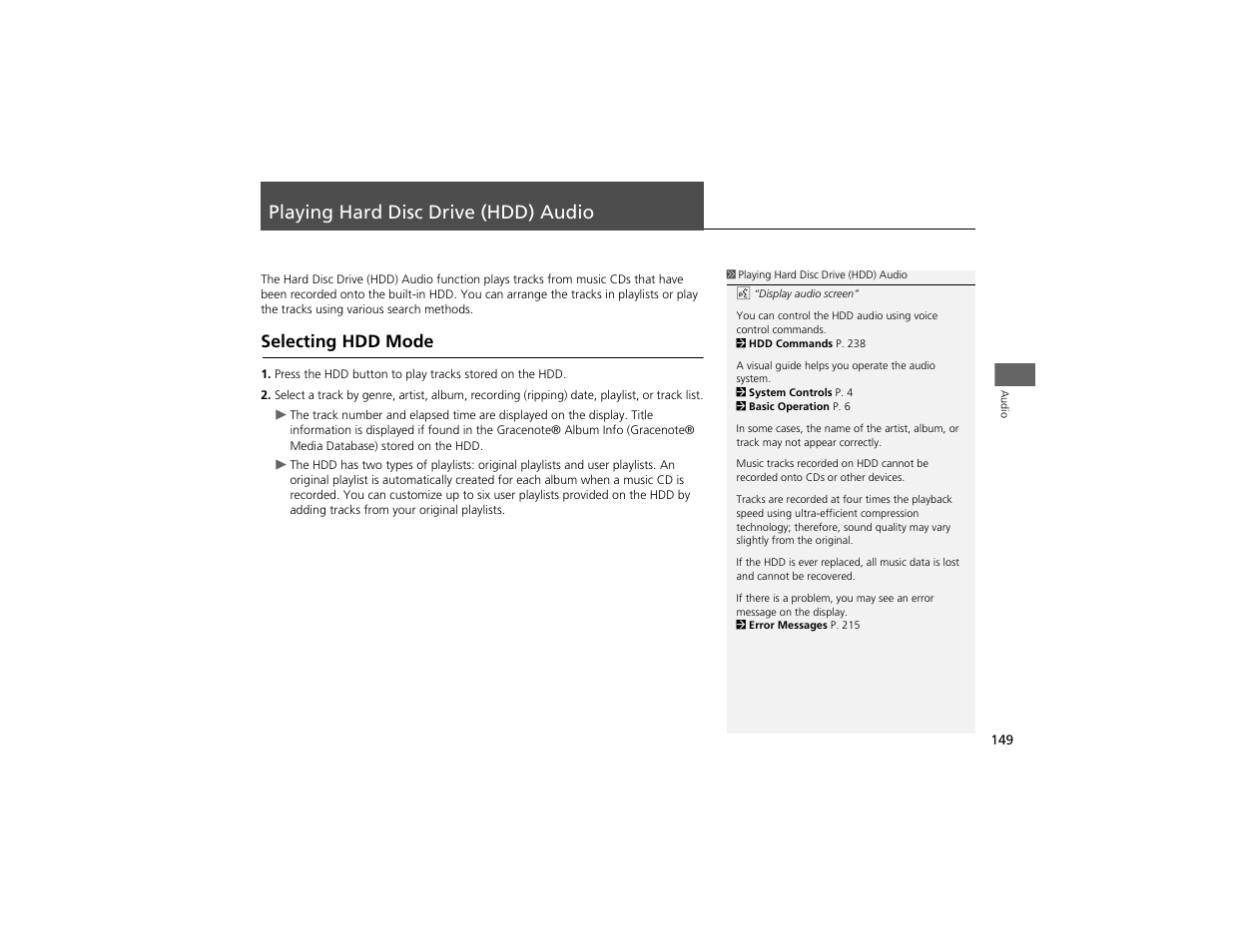 Playing hard disc drive (hdd) audio, Selecting hdd mode | Acura 2012 ZDX Navigation User Manual | Page 151 / 251