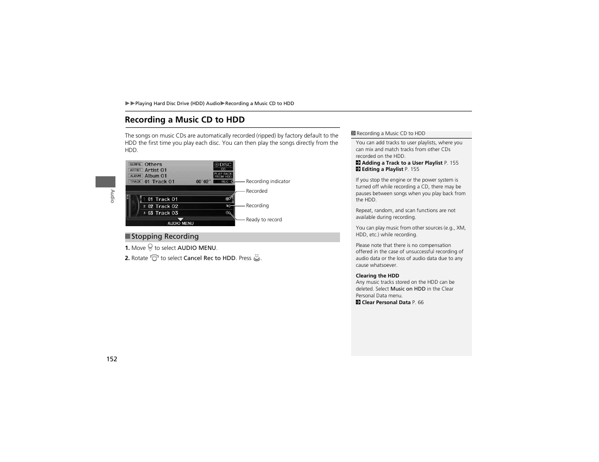Recording a music cd to hdd | Acura 2012 ZDX Navigation User Manual | Page 154 / 251