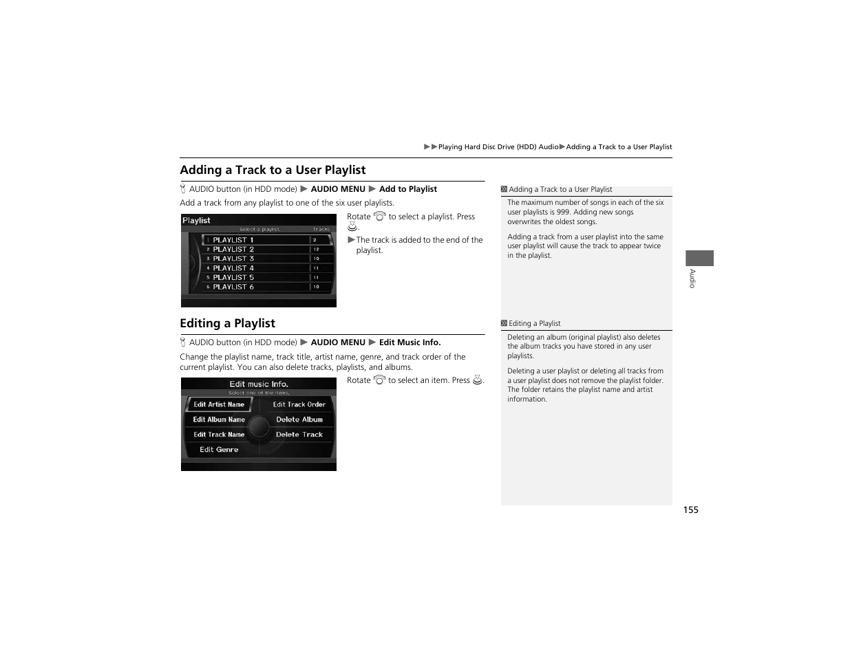 Adding a track to a user playlist, Editing a playlist | Acura 2012 ZDX Navigation User Manual | Page 157 / 251