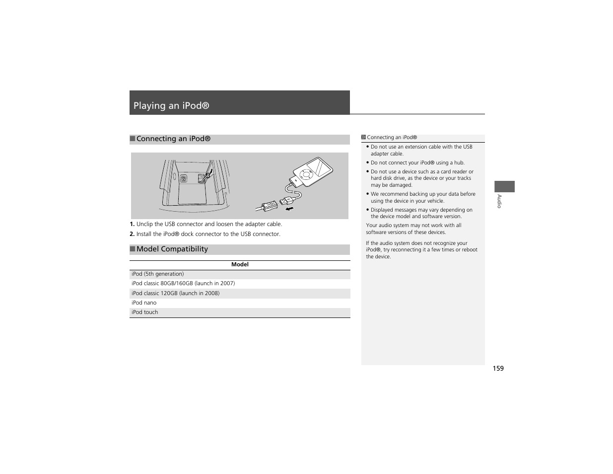 Playing an ipod | Acura 2012 ZDX Navigation User Manual | Page 161 / 251