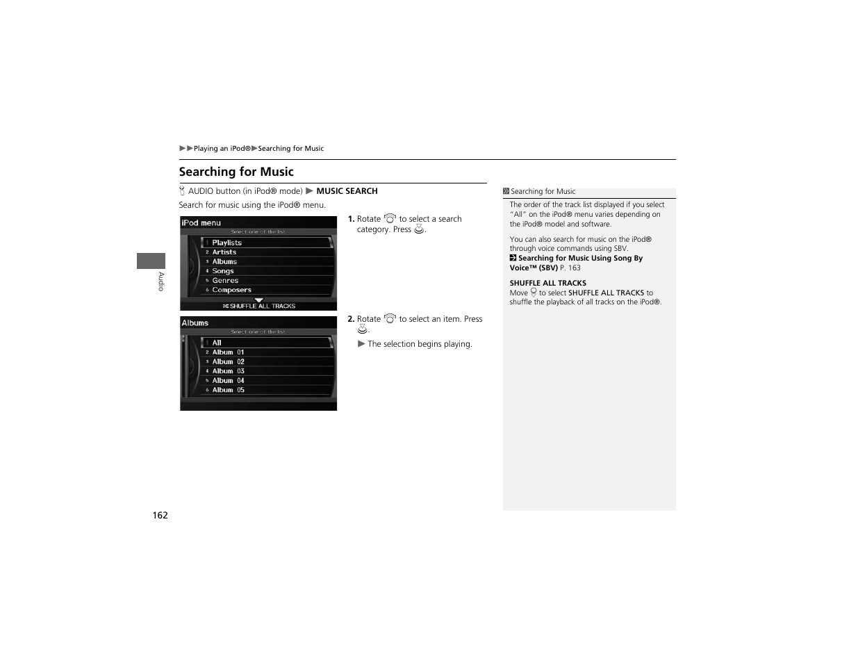 Searching for music | Acura 2012 ZDX Navigation User Manual | Page 164 / 251