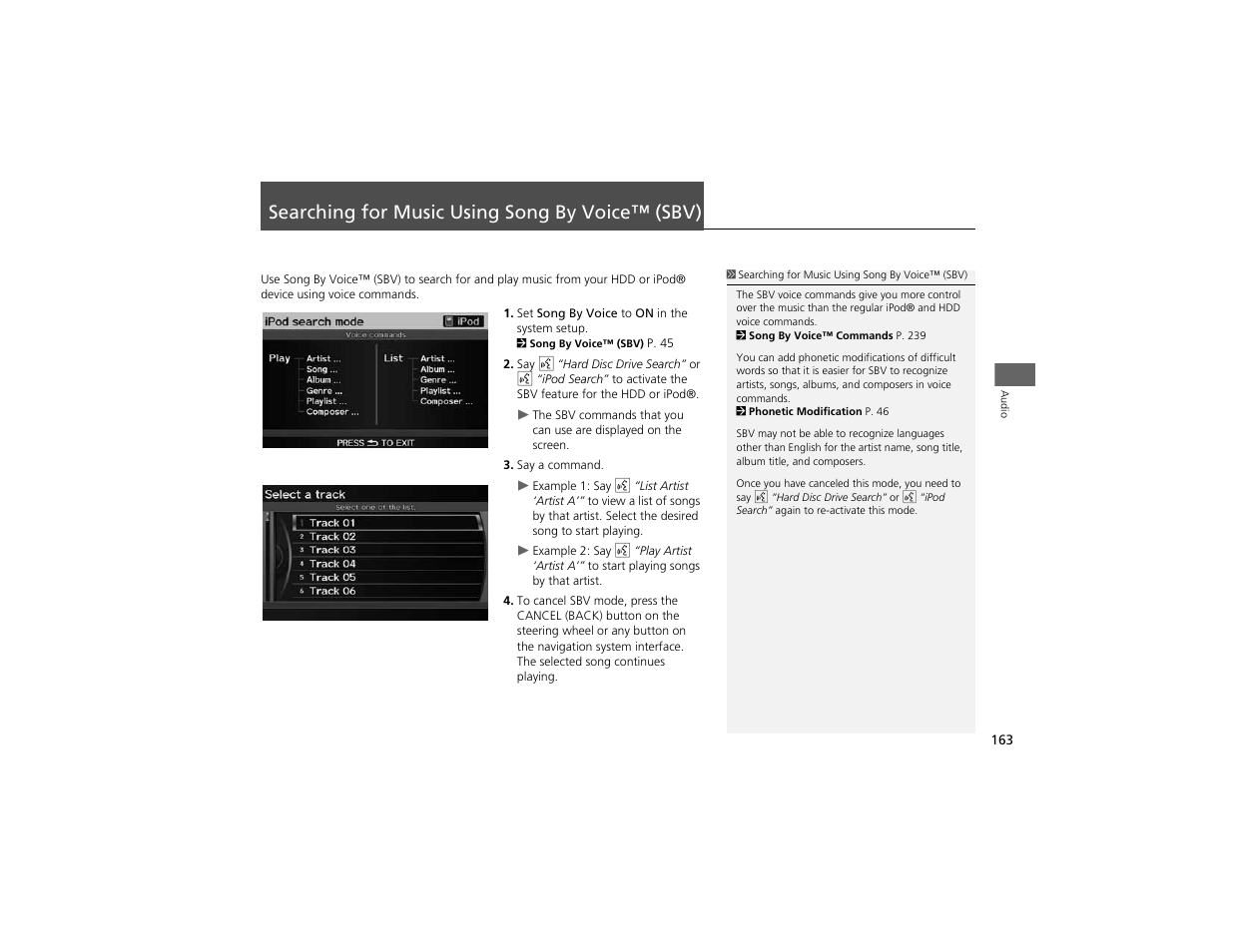 Searching for music using song by voice™ (sbv) | Acura 2012 ZDX Navigation User Manual | Page 165 / 251