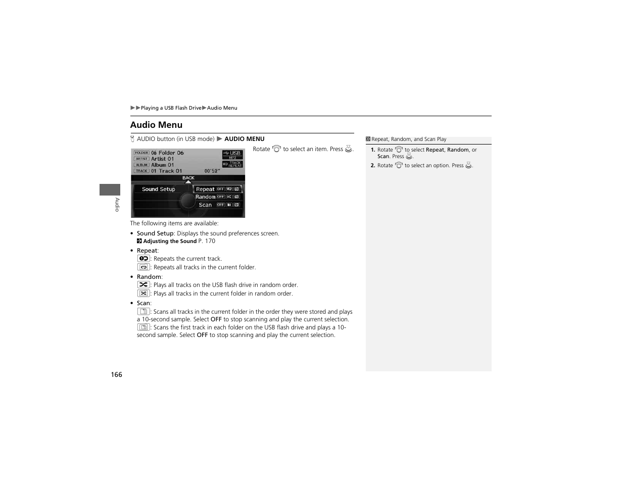 Audio menu | Acura 2012 ZDX Navigation User Manual | Page 168 / 251