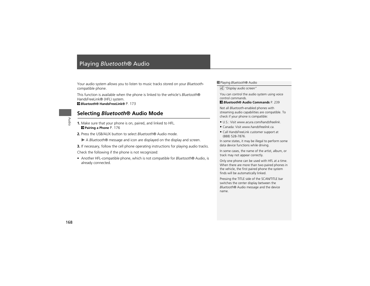 Playing bluetooth ® audio, Selecting bluetooth ® audio mode | Acura 2012 ZDX Navigation User Manual | Page 170 / 251