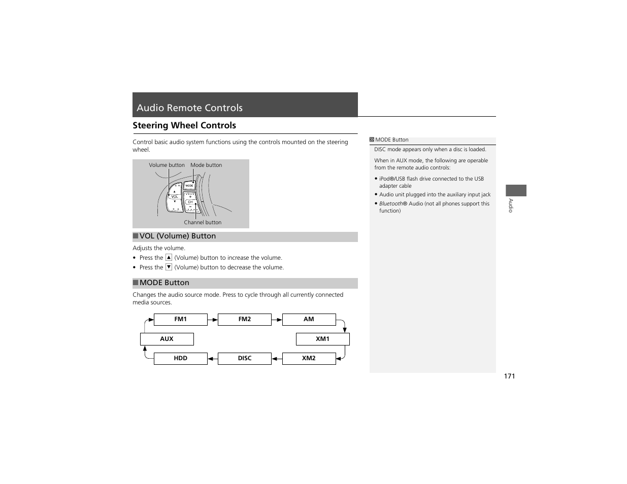 Audio remote controls, Steering wheel controls | Acura 2012 ZDX Navigation User Manual | Page 173 / 251