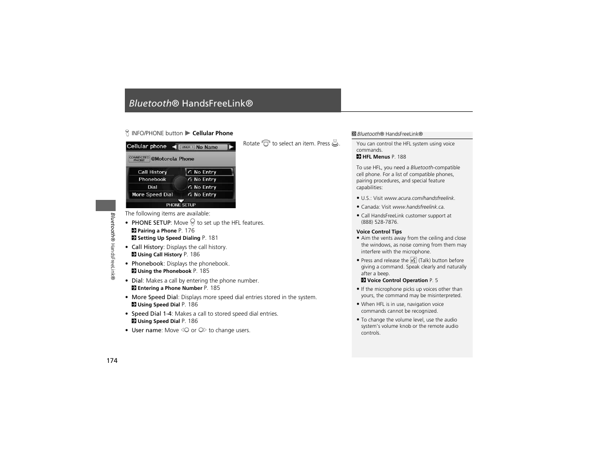 Bluetooth ® handsfreelink | Acura 2012 ZDX Navigation User Manual | Page 176 / 251