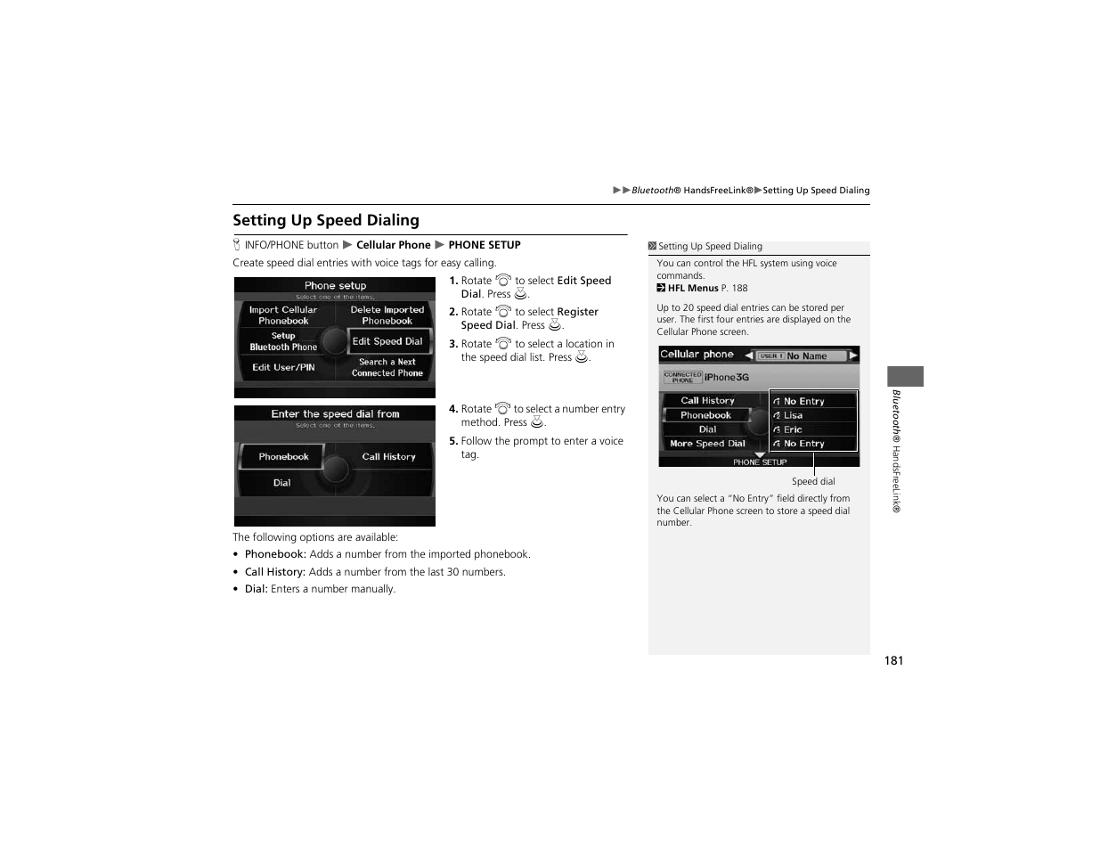 Setting up speed dialing | Acura 2012 ZDX Navigation User Manual | Page 183 / 251