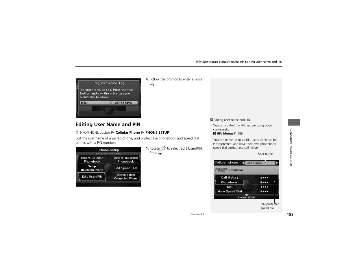 Editing user name and pin | Acura 2012 ZDX Navigation User Manual | Page 185 / 251