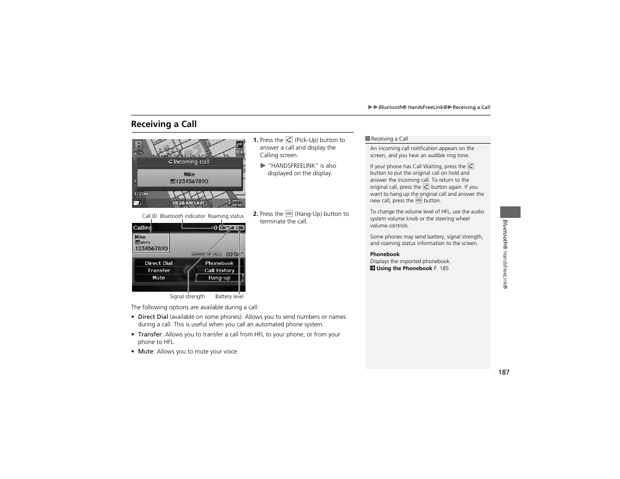 Receiving a call | Acura 2012 ZDX Navigation User Manual | Page 189 / 251