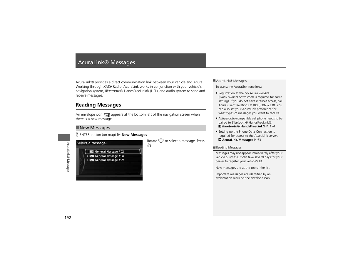 Acuralink® messages, Reading messages | Acura 2012 ZDX Navigation User Manual | Page 194 / 251