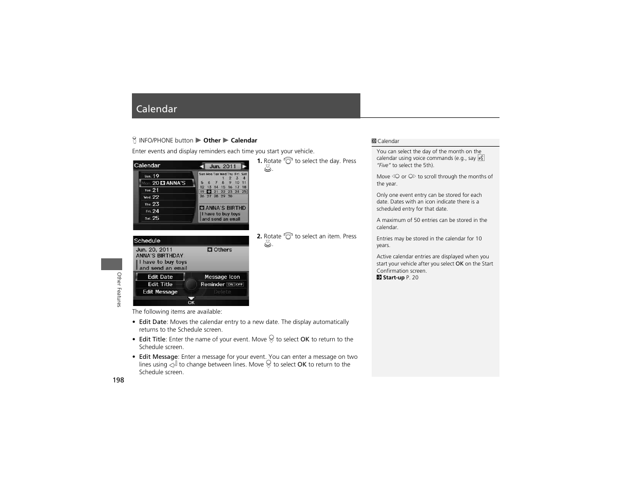 Calendar | Acura 2012 ZDX Navigation User Manual | Page 200 / 251