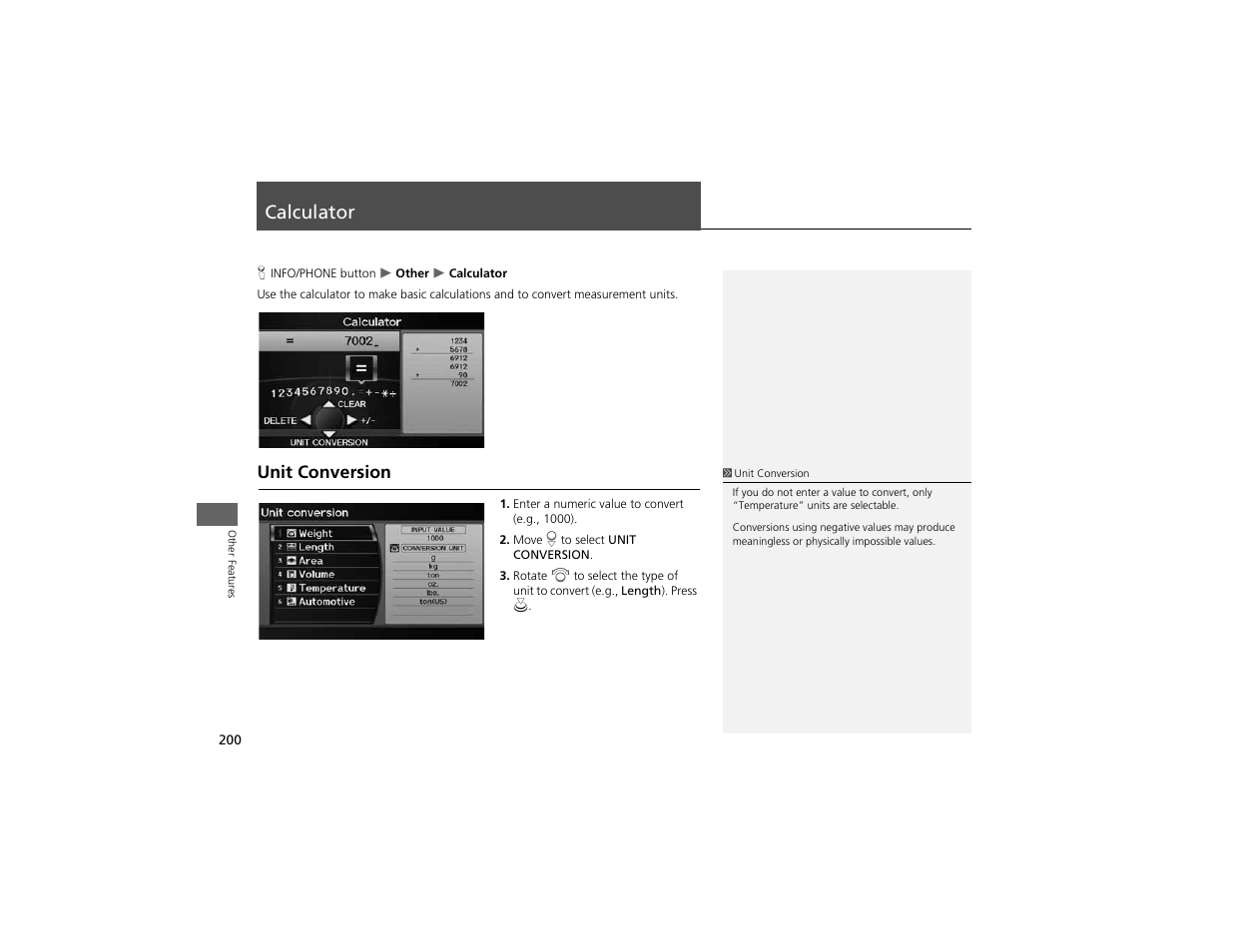 Calculator, Unit conversion | Acura 2012 ZDX Navigation User Manual | Page 202 / 251