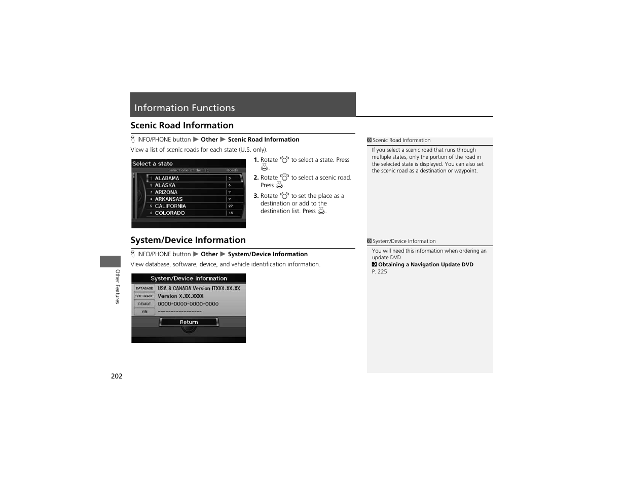 Information functions, Scenic road information, System/device information | Acura 2012 ZDX Navigation User Manual | Page 204 / 251