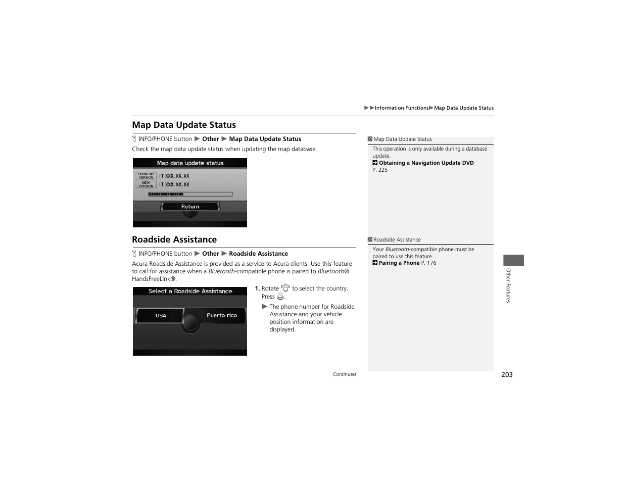 Map data update status, Roadside assistance | Acura 2012 ZDX Navigation User Manual | Page 205 / 251
