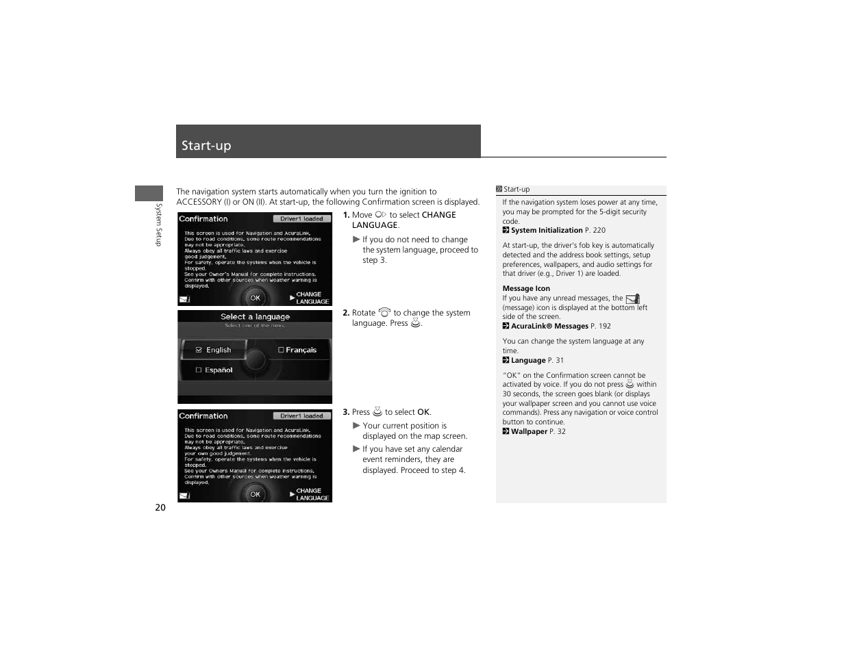 Start-up | Acura 2012 ZDX Navigation User Manual | Page 22 / 251