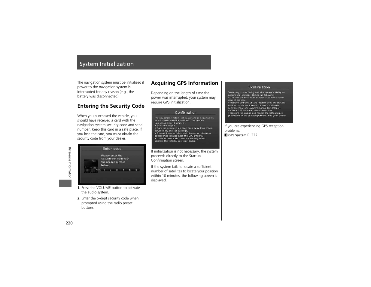 System initialization, Entering the security code, Acquiring gps information | Acura 2012 ZDX Navigation User Manual | Page 222 / 251