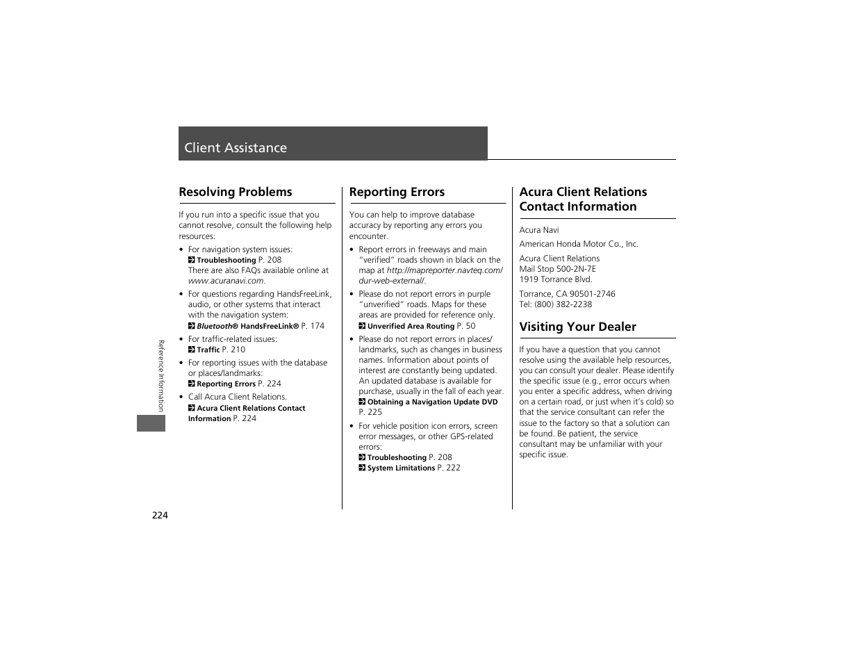Client assistance, Resolving problems, Reporting errors | Acura client relations contact information, Visiting your dealer | Acura 2012 ZDX Navigation User Manual | Page 226 / 251