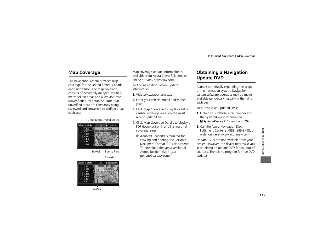 Map coverage, Obtaining a navigation update dvd | Acura 2012 ZDX Navigation User Manual | Page 227 / 251