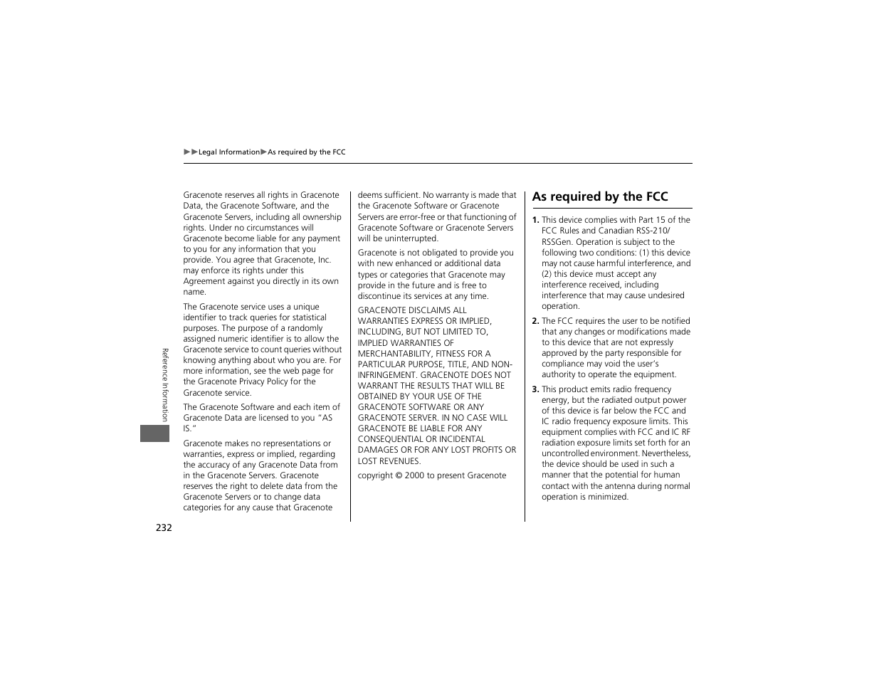As required by the fcc | Acura 2012 ZDX Navigation User Manual | Page 234 / 251