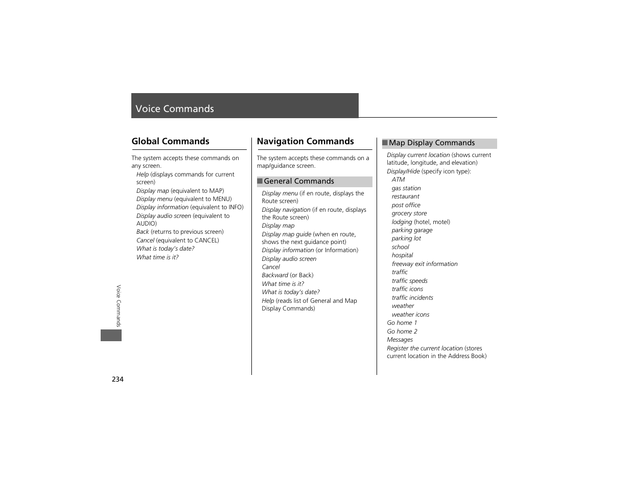 Voice commands | Acura 2012 ZDX Navigation User Manual | Page 236 / 251