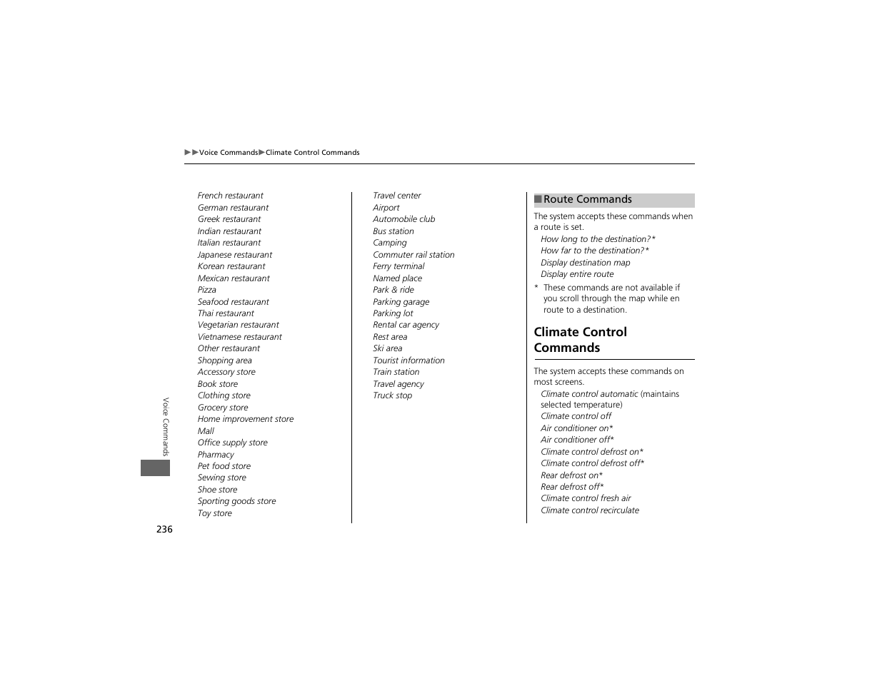 Climate control commands | Acura 2012 ZDX Navigation User Manual | Page 238 / 251