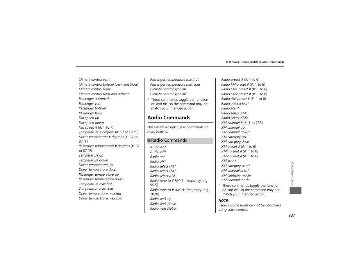 Audio commands | Acura 2012 ZDX Navigation User Manual | Page 239 / 251