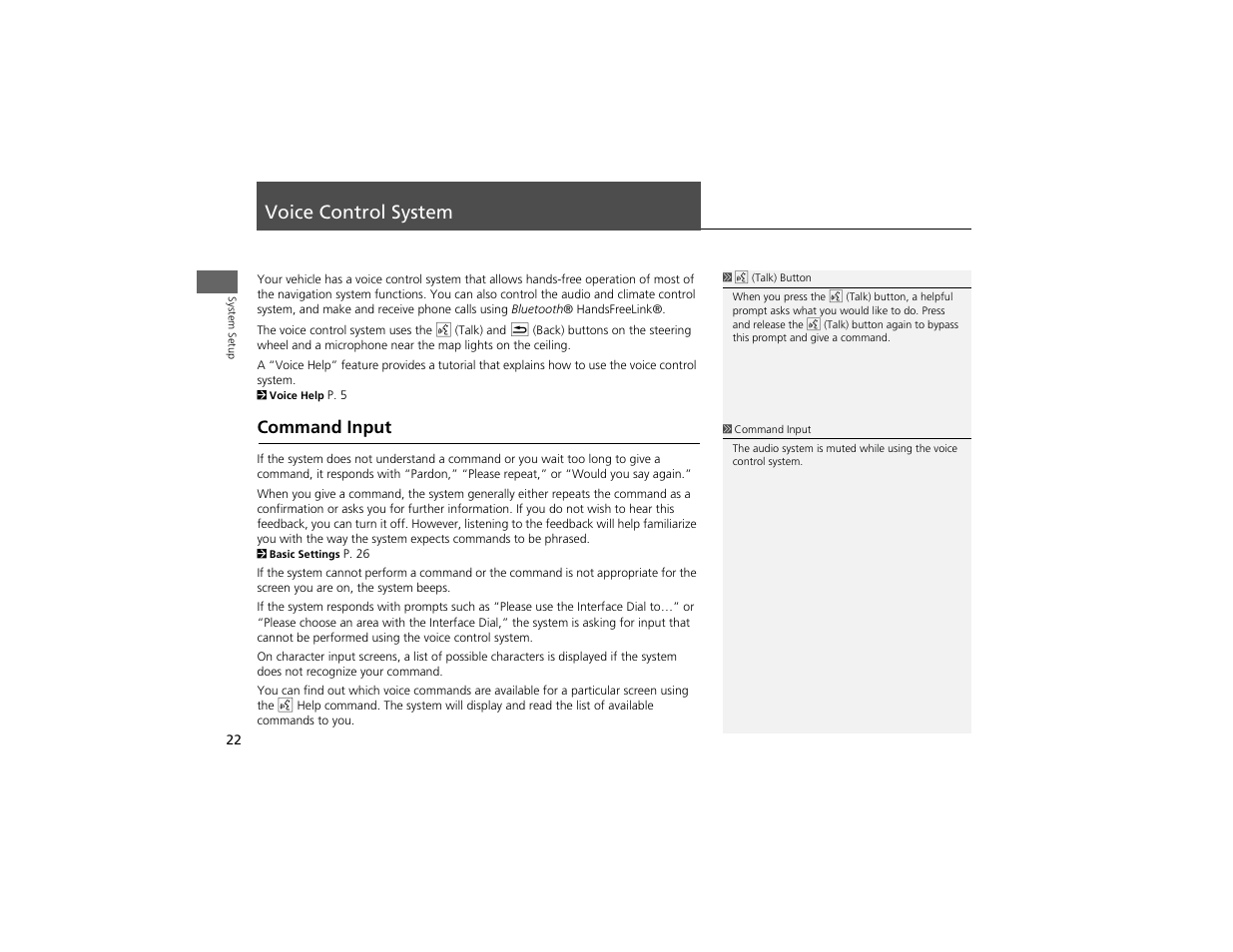 Voice control system, Command input | Acura 2012 ZDX Navigation User Manual | Page 24 / 251