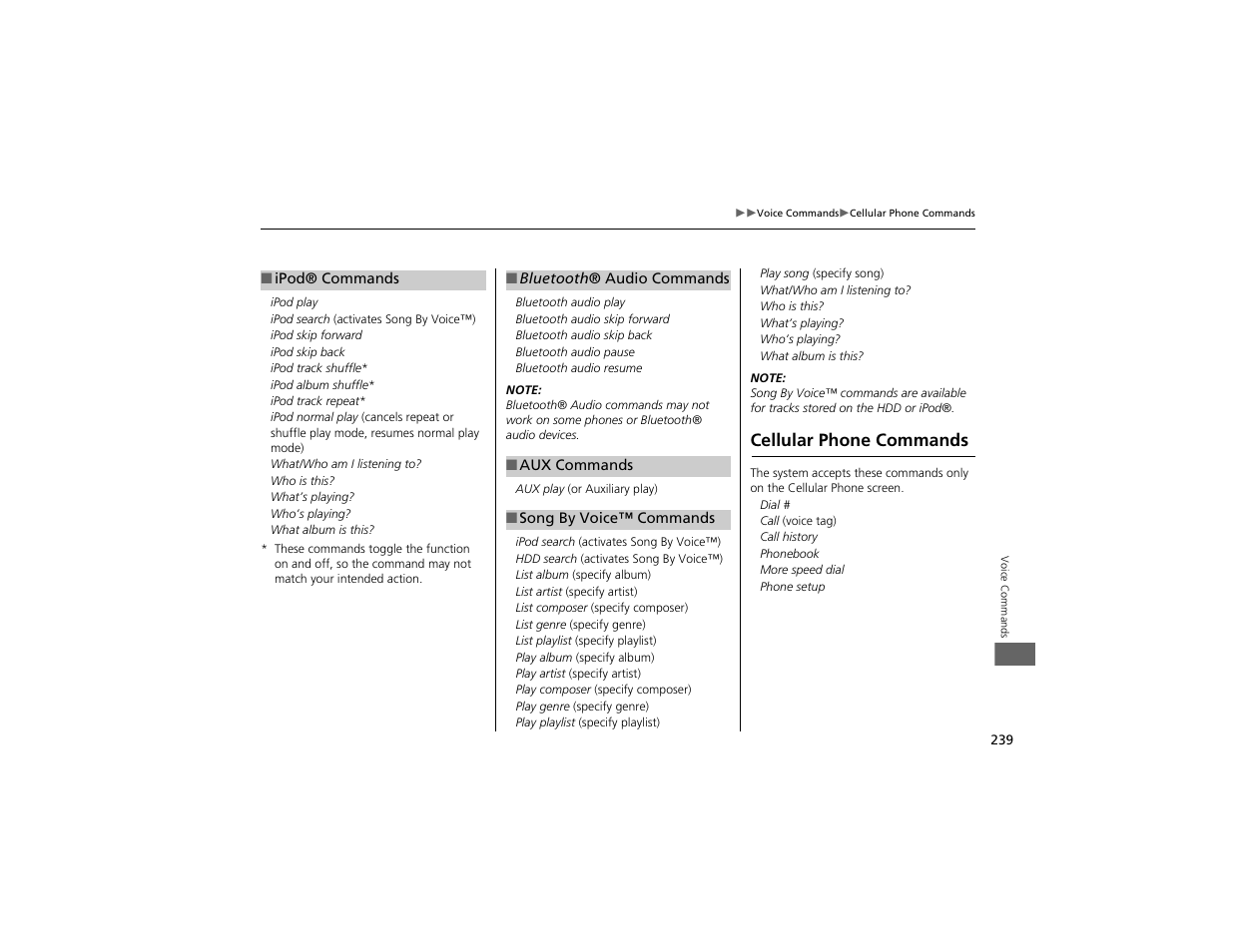 Cellular phone commands | Acura 2012 ZDX Navigation User Manual | Page 241 / 251