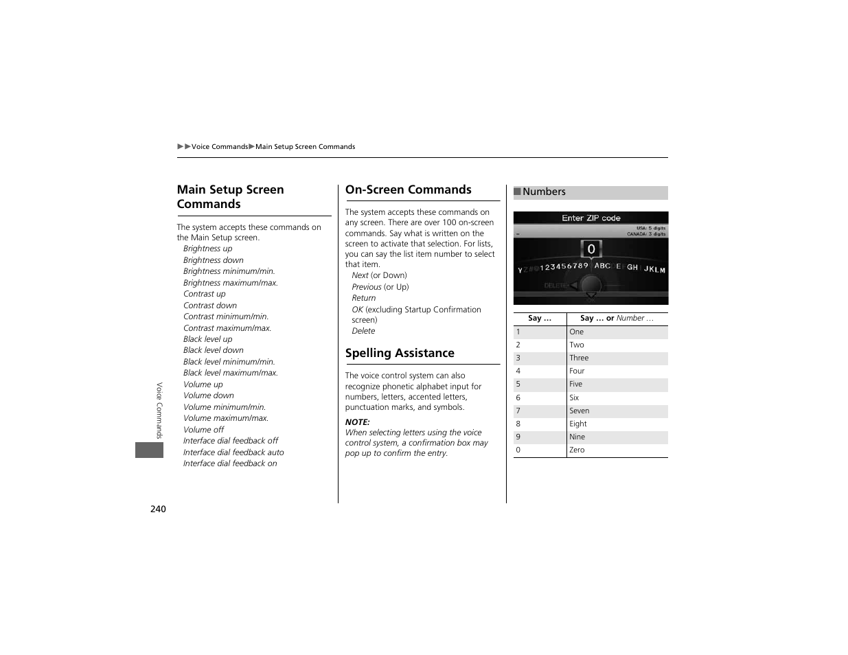 Main setup screen commands, On-screen commands, Spelling assistance | Acura 2012 ZDX Navigation User Manual | Page 242 / 251