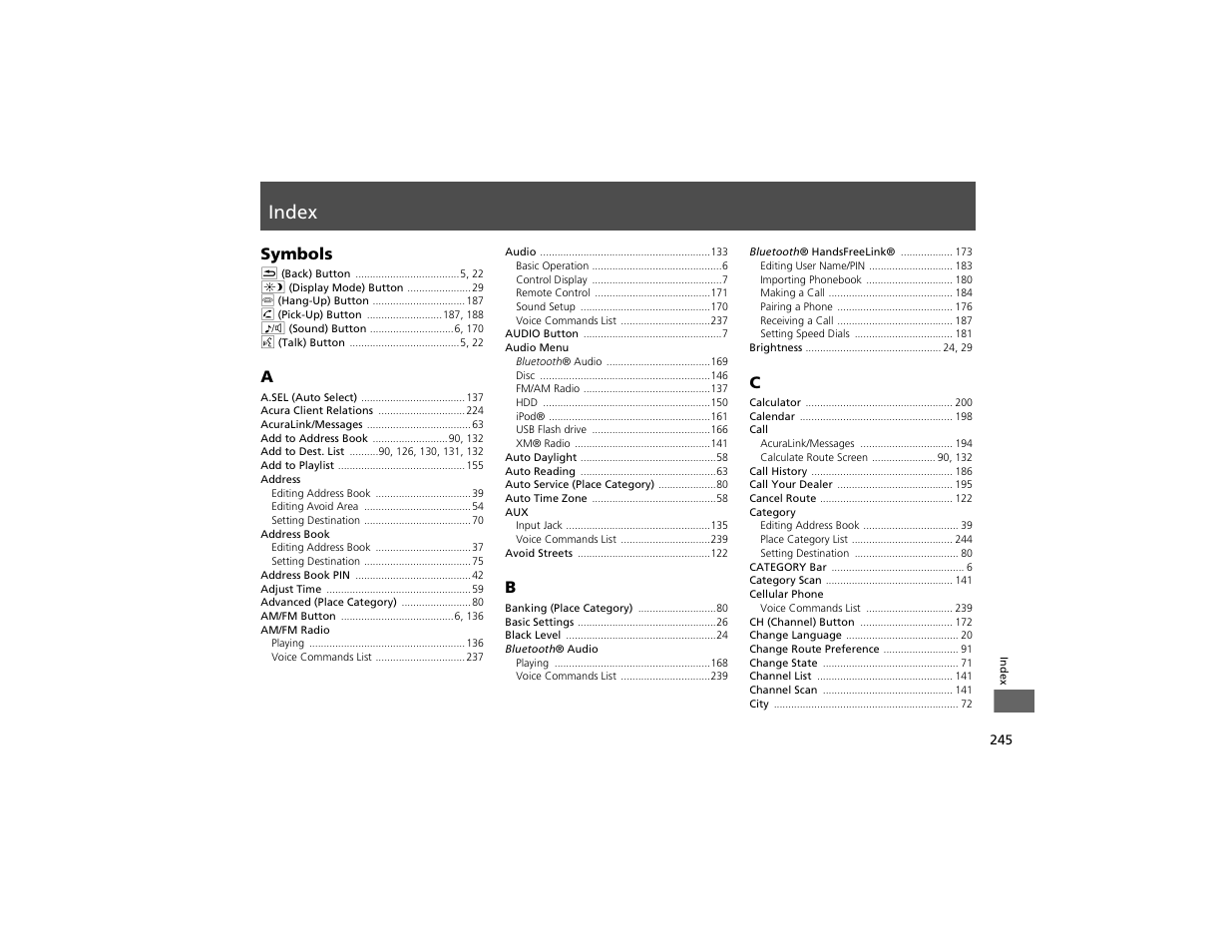 Index | Acura 2012 ZDX Navigation User Manual | Page 247 / 251