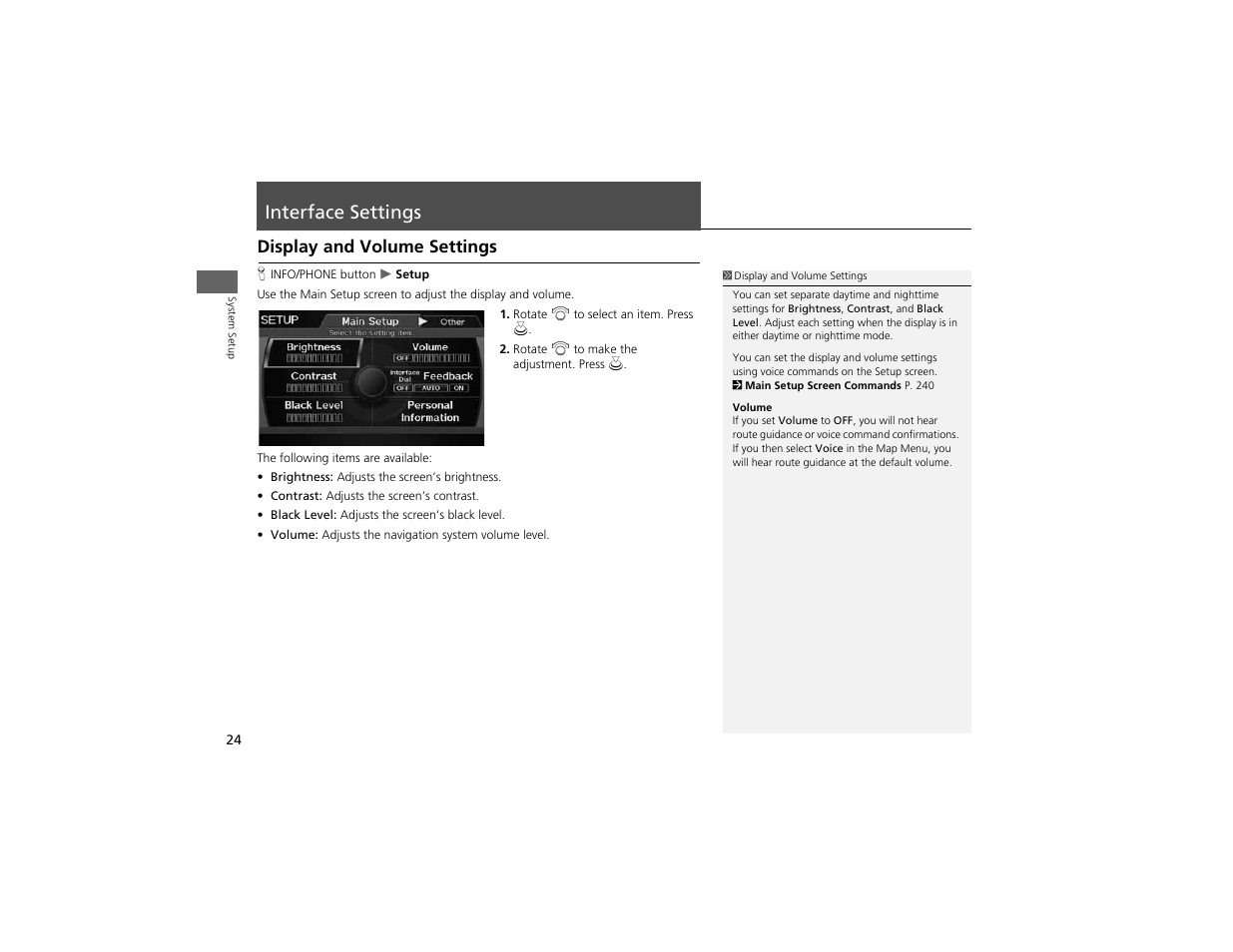 Interface settings, Display and volume settings | Acura 2012 ZDX Navigation User Manual | Page 26 / 251