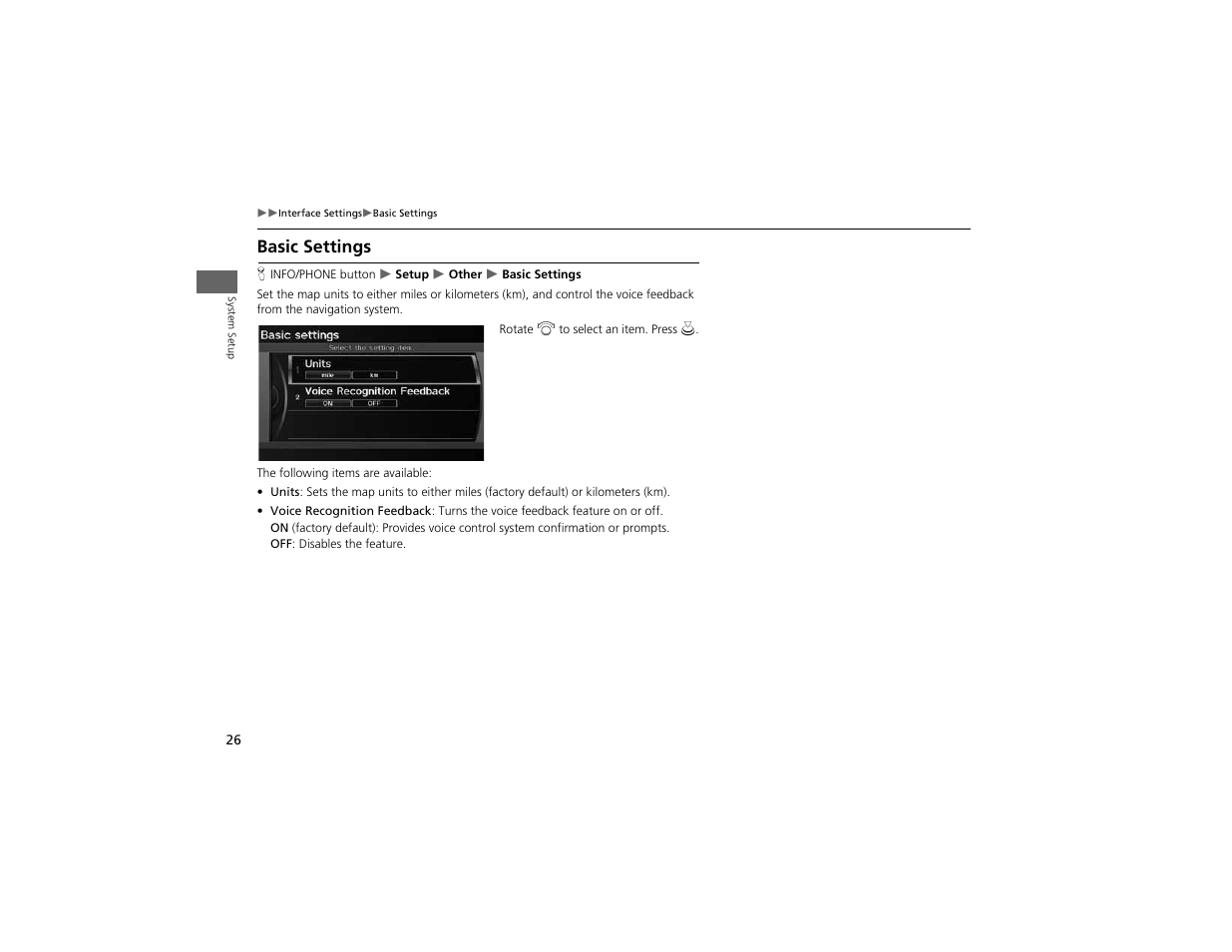 Basic settings | Acura 2012 ZDX Navigation User Manual | Page 28 / 251