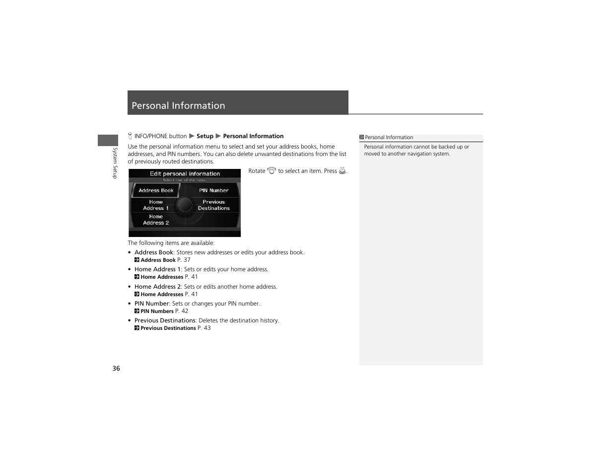Personal information | Acura 2012 ZDX Navigation User Manual | Page 38 / 251