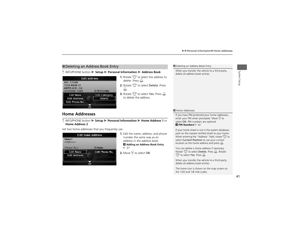 Home addresses | Acura 2012 ZDX Navigation User Manual | Page 43 / 251