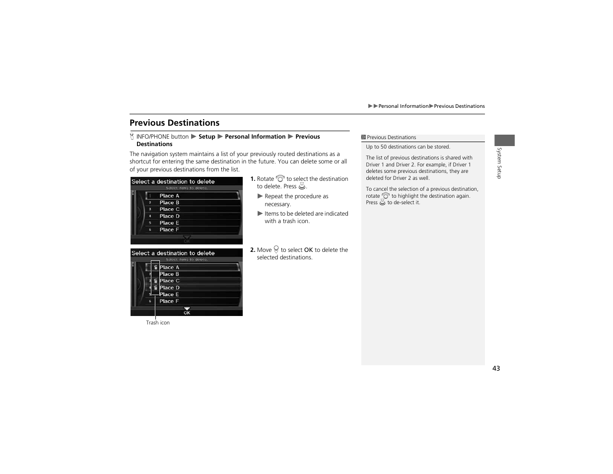 Previous destinations | Acura 2012 ZDX Navigation User Manual | Page 45 / 251