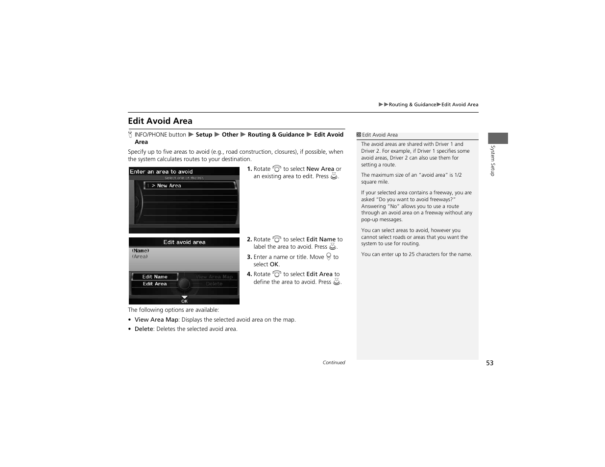 Edit avoid area | Acura 2012 ZDX Navigation User Manual | Page 55 / 251