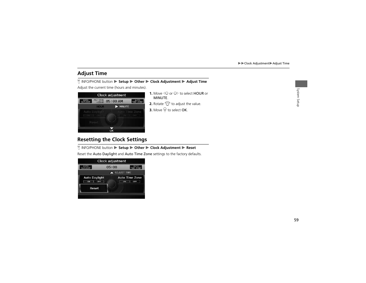 Adjust time, Resetting the clock settings | Acura 2012 ZDX Navigation User Manual | Page 61 / 251