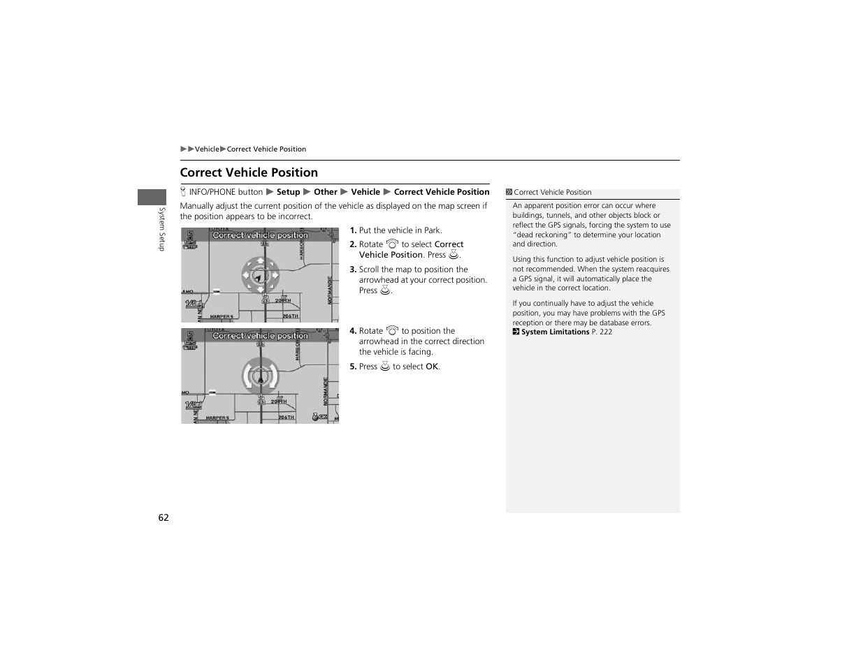 Correct vehicle position | Acura 2012 ZDX Navigation User Manual | Page 64 / 251