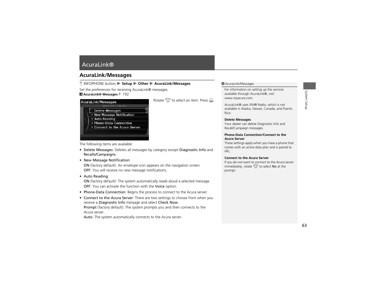 Acuralink, Acuralink/messages | Acura 2012 ZDX Navigation User Manual | Page 65 / 251