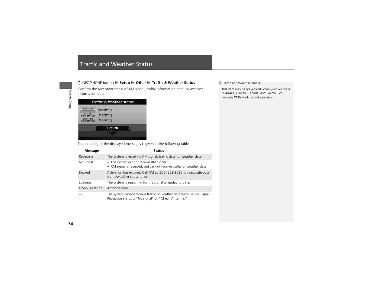 Traffic and weather status | Acura 2012 ZDX Navigation User Manual | Page 66 / 251